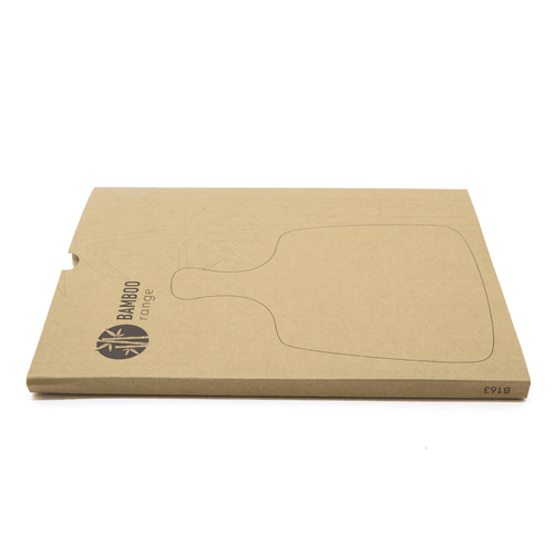 A bamboo cheeseboard and knife set in eco-friendly packaging featuring a simple design and branding.