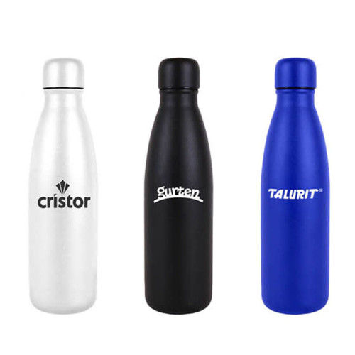 A drink bottle trio featuring a silver, black, and blue stainless steel design, each with a logo.