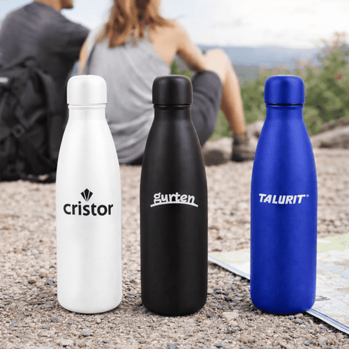 A drink bottle set featuring white, black, and blue bottles, each with a logo. Ideal for outdoor use.