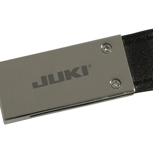 A black leather keychain featuring a metallic silver clasp and branding, with a sleek, minimalist design.