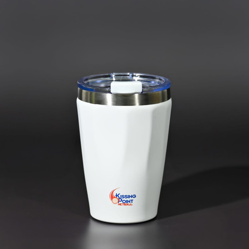 A drink bottle in white with a stainless steel bottom and a clear lid, featuring a logo on the exterior.