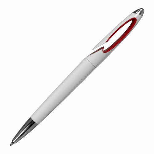 A plastic pen in white with a red accent and chrome tip, featuring a logo on the side.