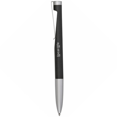 A black and silver metal pen with a clip and branding visible on the barrel.