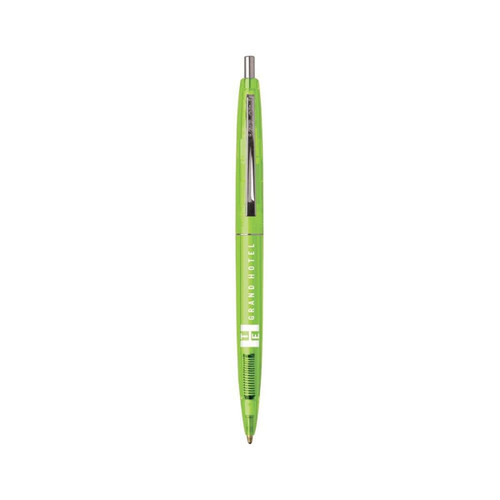 A bright green Eco Clear Clics Pen with a click mechanism and a branding logo on the side.