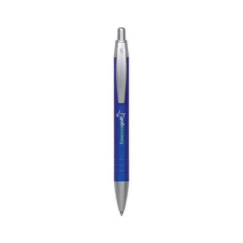 A metal pen in blue with a silver clip and tip, featuring a logo on its body.
