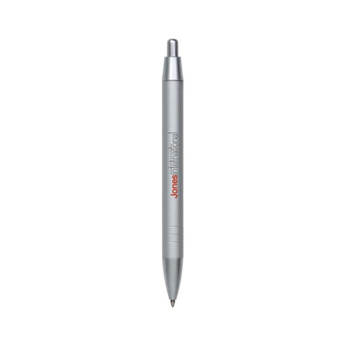 A silver metal pen featuring a logo, with a sleek design and a smooth click mechanism.