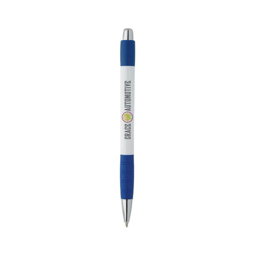 A white pen with a blue grip and silver accents, featuring a logo on the barrel.