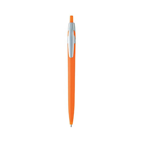 An orange plastic pen with a silver clip and a smooth barrel, featuring a logo on the body.