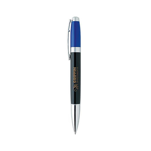 A multi-coloured twist pen featuring a blue top, black barrel, and silver accents, with a logo on the barrel.