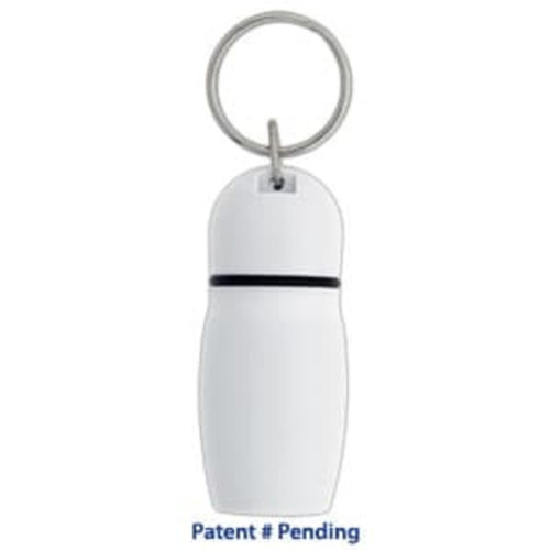 A white hotel keychain with a circular metal ring, featuring a sleek, rounded design and a black stripe.