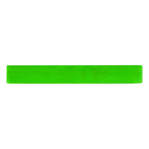 A reflective slap wristband in bright green, featuring a textured pattern. It has a logo on one side.