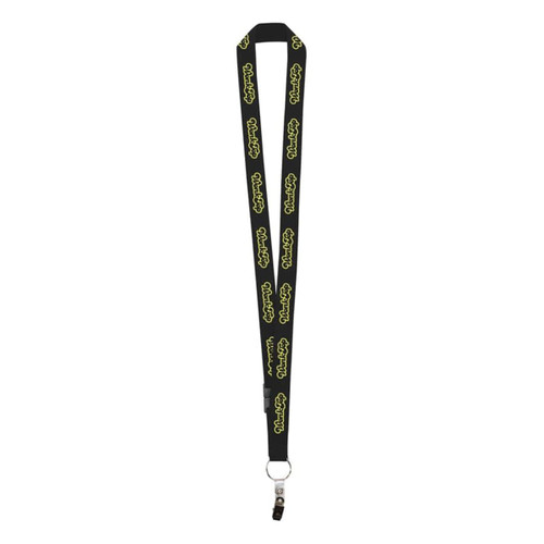 A black lanyard featuring yellow branding, designed with a secure clip for attachments.