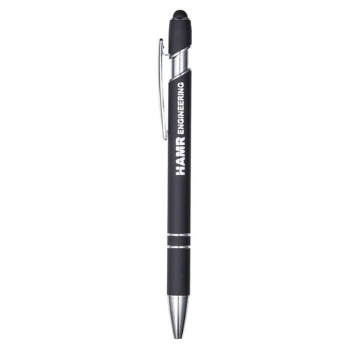 A black metal pen with silver accents and a branding logo, featuring a stylus tip.