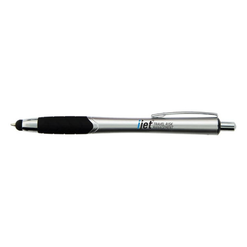 A silver stylus pen with a rubber grip and a logo on the barrel, designed for writing and touchscreen use.