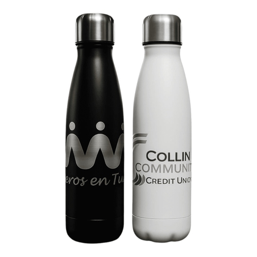A drink bottle set featuring a black and a white stainless steel water bottle, each with a logo.