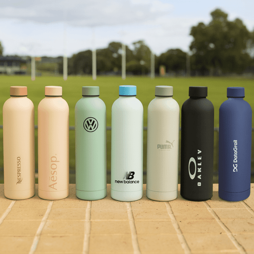 A drink bottle collection featuring pastel pink, green, black, and blue designs, with various logos displayed.