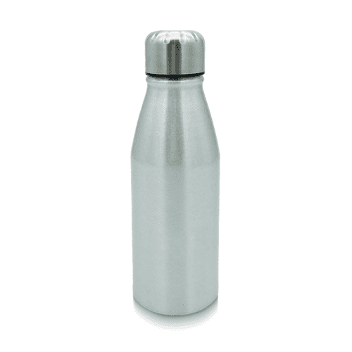 A drink bottle made of aluminium, featuring a sleek silver design and a stainless steel cap.