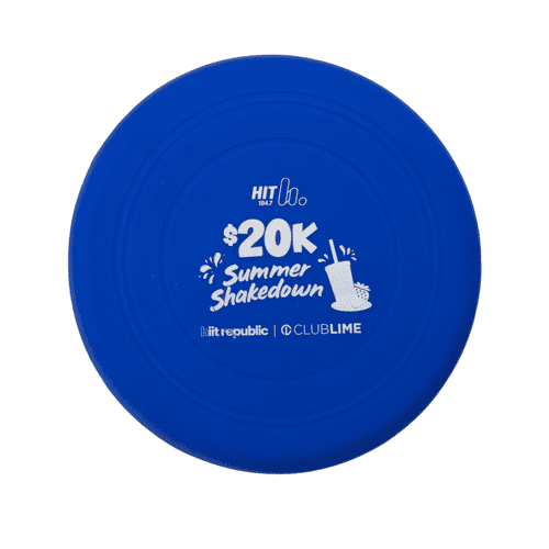 A blue silicone frisbee with a circular shape and a logo printed on the surface.