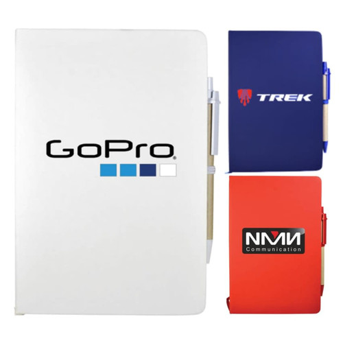 A collection of three notebooks in white, blue, and red, each featuring a logo and a pen attached.