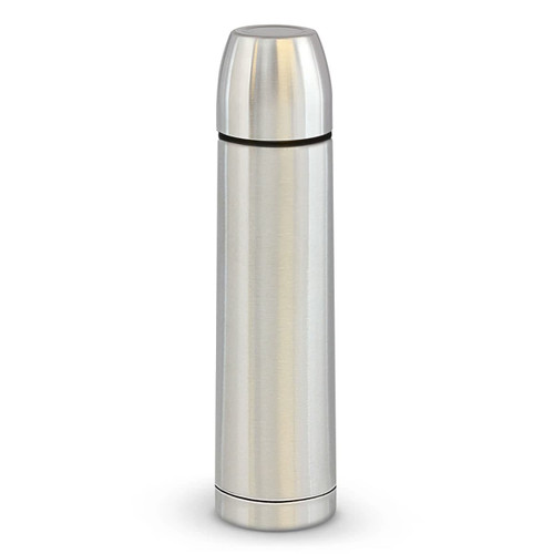A drink bottle with a sleek silver stainless steel design, featuring a rounded top and a branding logo.