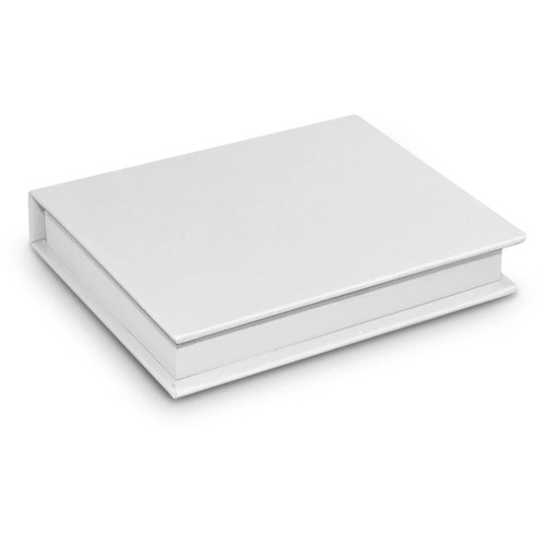 A silver hard cover notebook with sticky notes and flags inside. The product has a sleek, modern design.