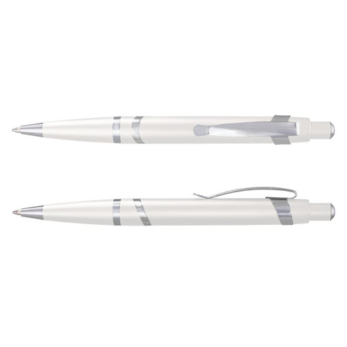A white plastic pen with silver accents, featuring a clip and a smooth writing tip, plus an additional view of the same pen.