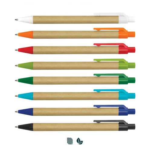 A collection of eight Kraft Pens in various colours, including white, red, orange, green, and blue. Each pen has a branding logo.