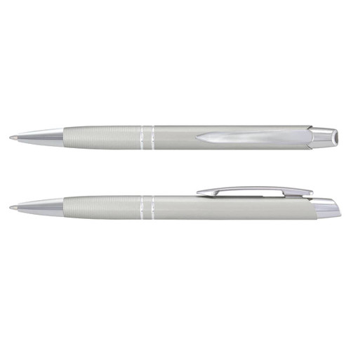 A silver metal pen with a textured grip and chrome accents, featuring a logo.