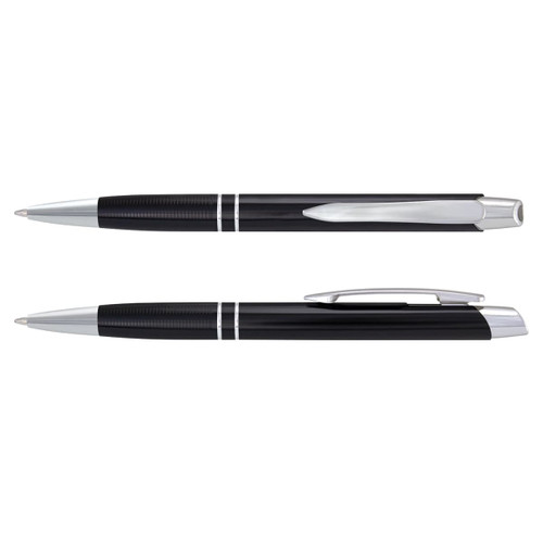 A pair of sleek black metal pens with chrome accents, featuring a smooth design and a contoured grip.