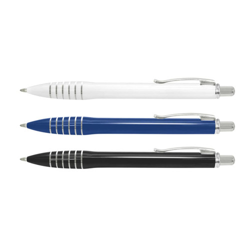 Three plastic pens in white, blue, and black, featuring silver accents and a logo on each pen.