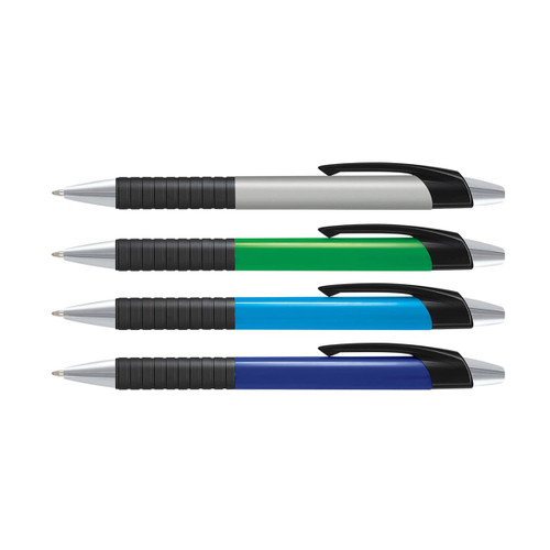 A set of four plastic pens with coloured barrels in green, blue, silver, and black, featuring textured grips and clips.