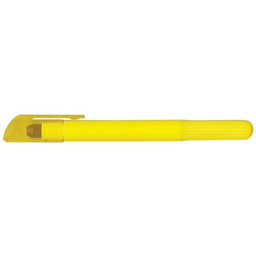A yellow wax highlighter with a clear cap and a broad tip, designed for highlighting text.
