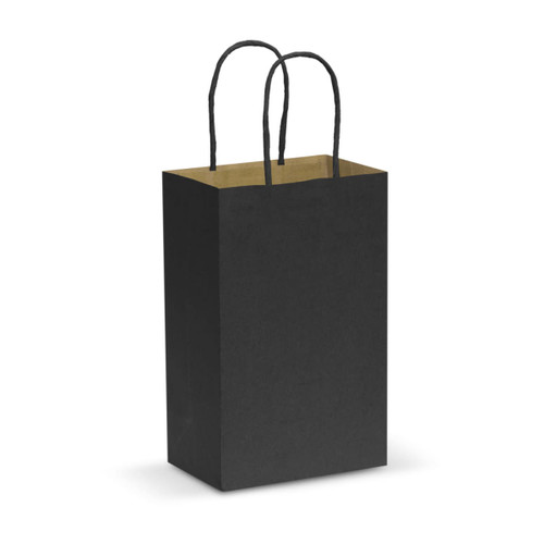 A small black paper carry bag with twisted black handles and a kraft paper interior.