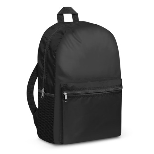A black Bullet Backpack featuring a smooth exterior, a front zippered pocket, and a mesh side pocket.