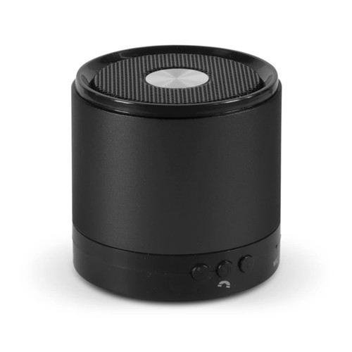 A compact black Bluetooth speaker featuring a mesh top and control buttons on the base, along with a logo.