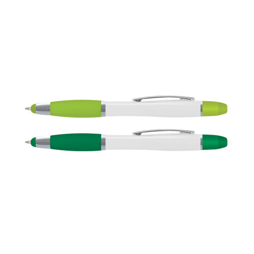 A multi-function pen with a white body and green accents, featuring two designs in the image.