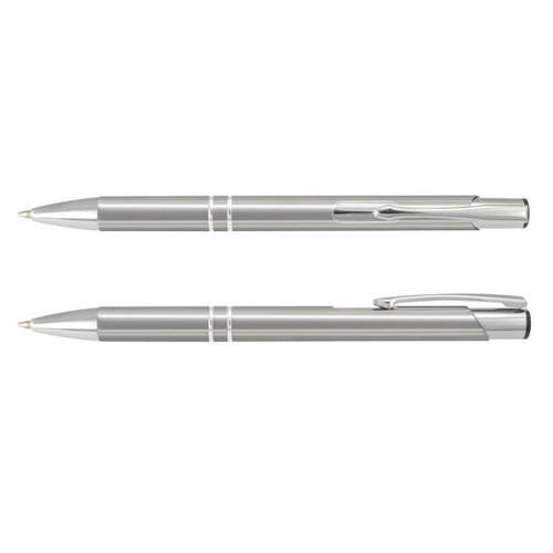 A metal pen in silver and chrome finishes, featuring a sleek design and a clip for easy attachment.