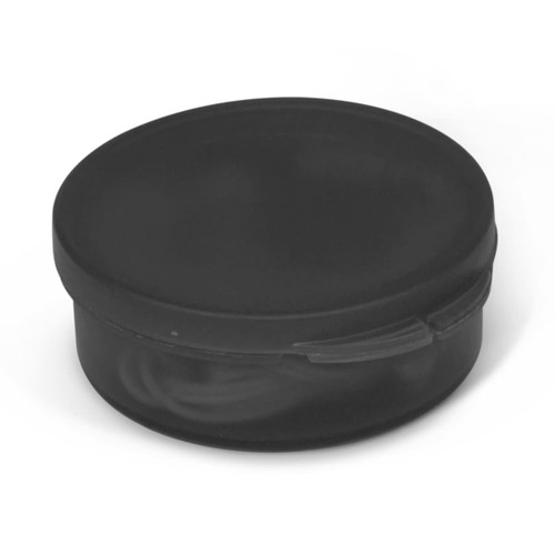 A round black case containing Mondo Earbuds. The case is sleek and designed for easy storage and portability.