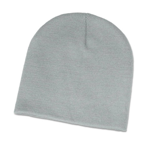 A light grey beanie with a simple, textured design. It features a logo on the side.