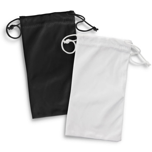 Two drawstring pouches, one black and one white, designed for storing sunglasses or accessories.