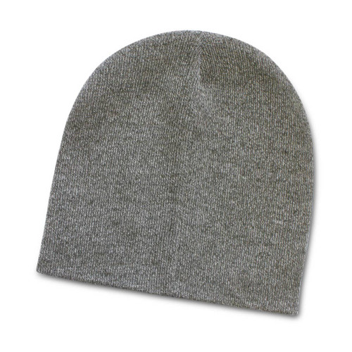A gray knit beanie with a soft texture, featuring a heather finish.