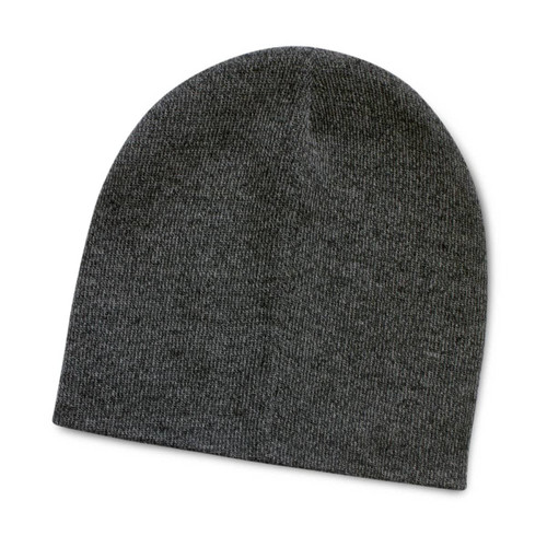 A heather knit beanie in a dark gray color.