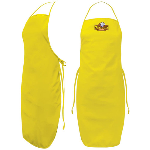 A bright yellow bib apron with an adjustable neck strap and a tie at the waist, featuring a branding logo.