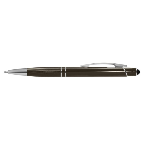 A sleek dark green stylus pen with a silver clip and detailing, featuring a modern design and a logo.