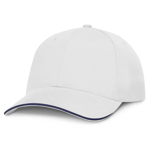 A white cap with a dark trim and a logo on the front.