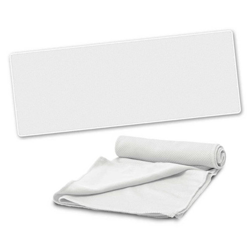 A cooling towel rolled up with a flat towel displayed behind it, both in a light color.