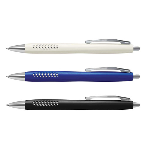 Three plastic pens in white, blue, and black, each with a silver clip and a unique design feature.