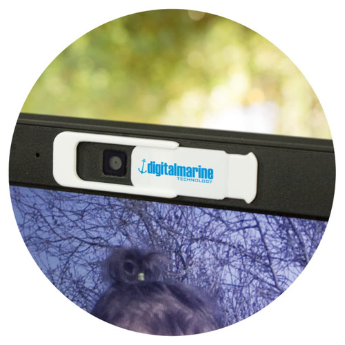 A webcam cover featuring a white design with a blue logo, designed to slide open and closed over a camera lens.