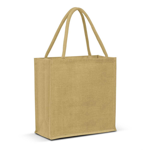 A jute tote bag in a natural beige color with sturdy handles and a simple rectangular design.