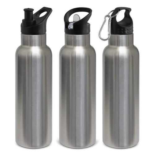 A drink bottle trio featuring a stainless steel finish with black lids and a clip-on cap. Each has a different spout design.